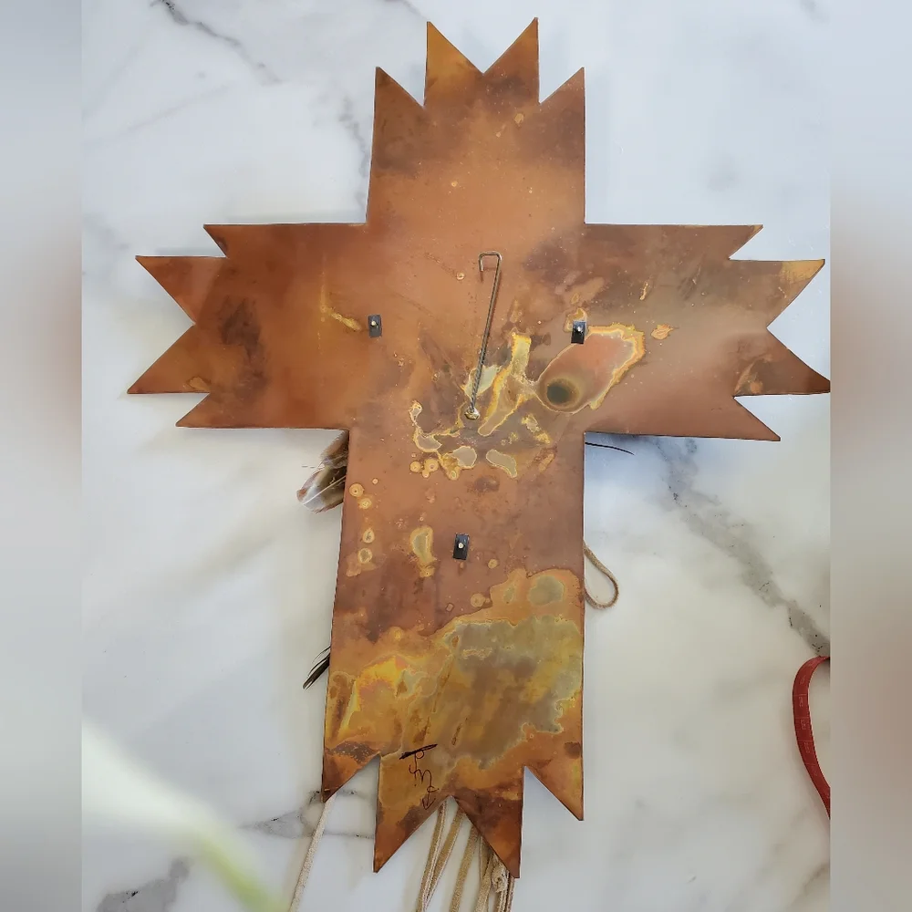 Metal Cross with Feathers Wall Hanging